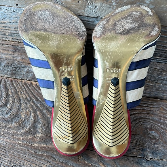 Fendi striped canvas and red suede heeled sandal Size 40 w/COA - Picture 6 of 11